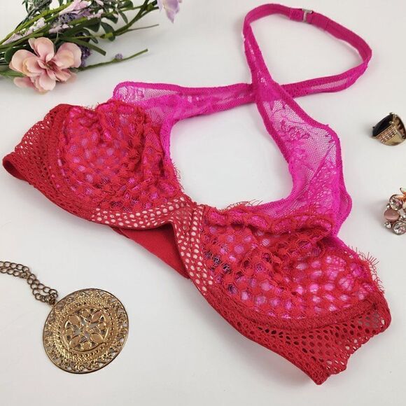 32C {Victoria's Secret} Red Pink Lace Halter Bra - Picture 2 of 5